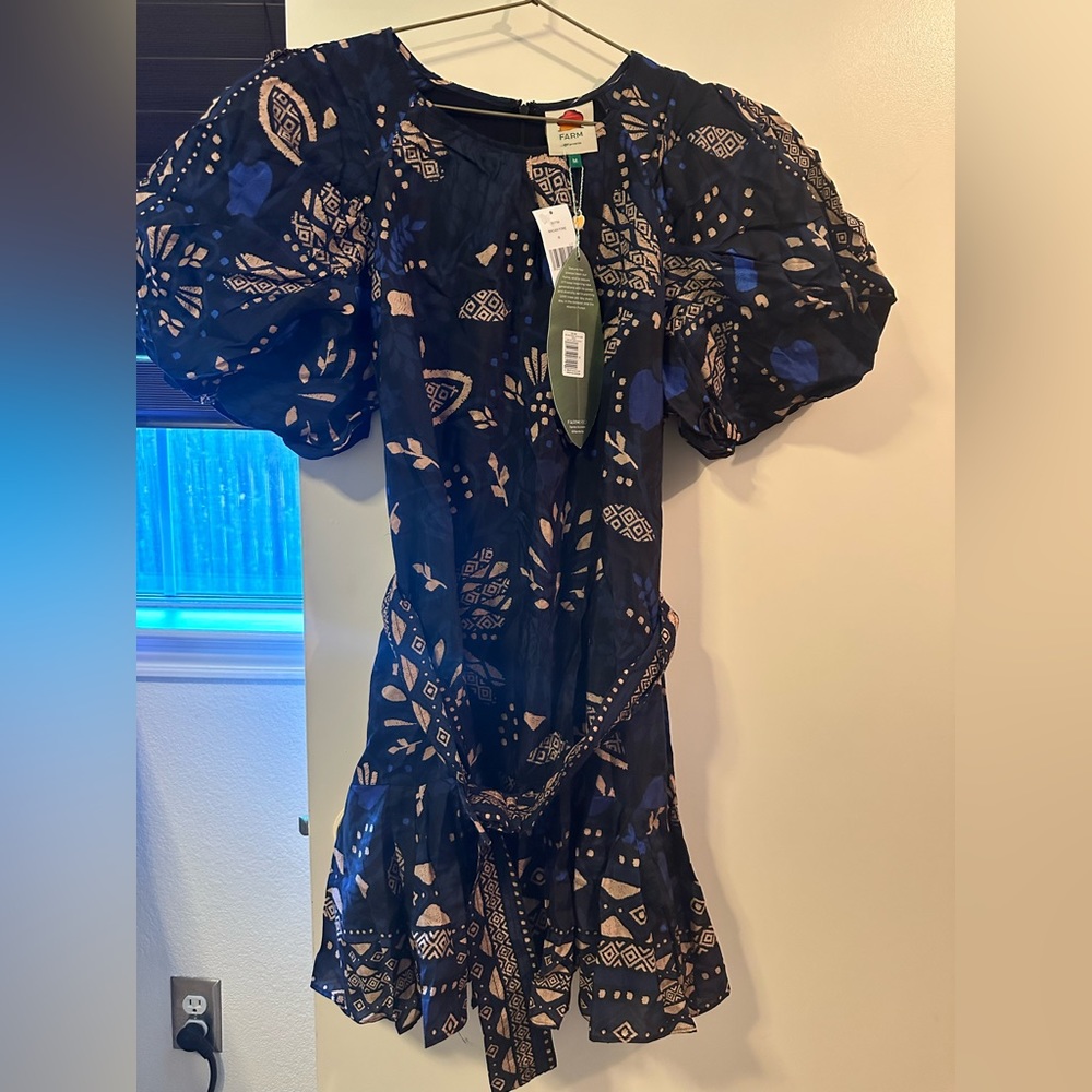 FARM Rio Navy Blue & Beige Floral Puff-Sleeve Mini Dress - Picture 10 of 13